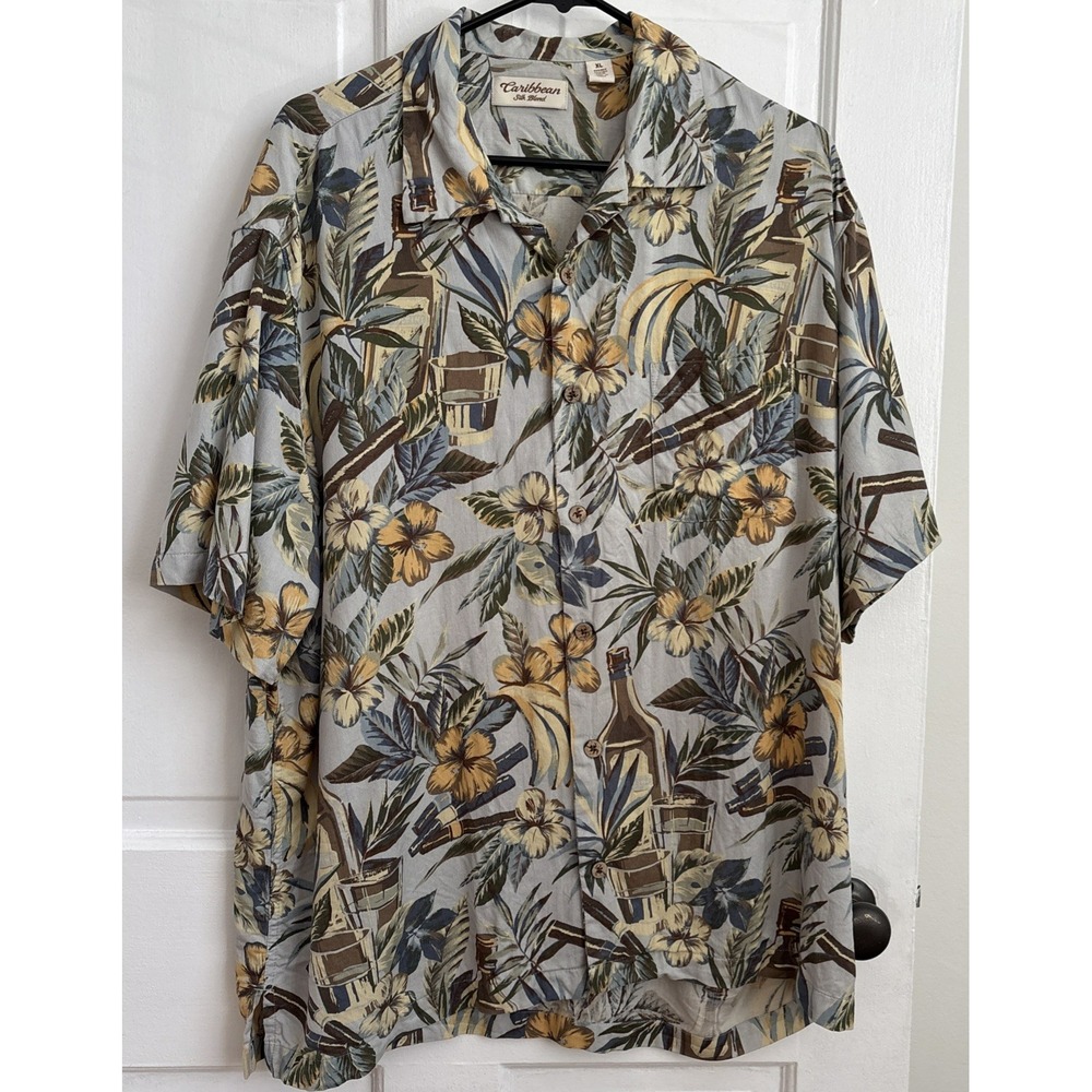 Caribbean Silk Blend Mens XL Tropical Rum Hibiscus Floral Camp Shirt RN 58909